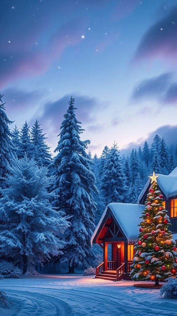 Christmas Landscape Background Design A picturesque Christmas landscape with snow-covered trees, a warm cabin, and a decorated Christmas tree under a twilight sky.
